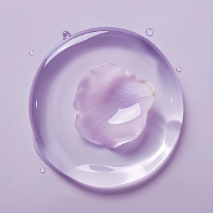A translucent drop encases a delicate, pale purple petal, conveying a sense of purity and skincare elegance.